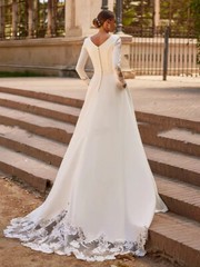 Long Sleeves Wedding Dresses A Line Satin Lace Belt Buttons Applique Sweep Train