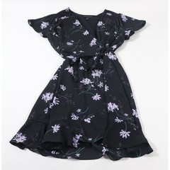 Banana Republic Dress Womens 0 Black Floral Wrap Ruffle Hem Short Sleeve Petite