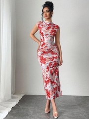 Elegant Floral Ruched Bodycon Maxi Dress Stand Collar Side Slit Slim Fit