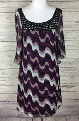 Vertigo Paris Women’s Purple Black Crochet Neck 3/4 Bell Sleeve Shift Dress XS