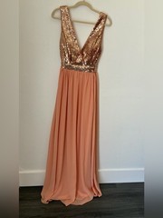 Lulus Elegant Encounter Rose Gold Sequin Maxi Dress Bodice Peach
