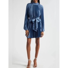 Revolve Milly Blue Pleated Satin Tie-Waist Dress Size 8 NWT
