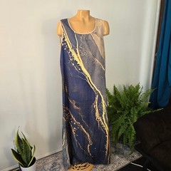 Unbranded Womens Maxi Dress XL Blue Gold Abstract Marble Sleeveless Lightweight