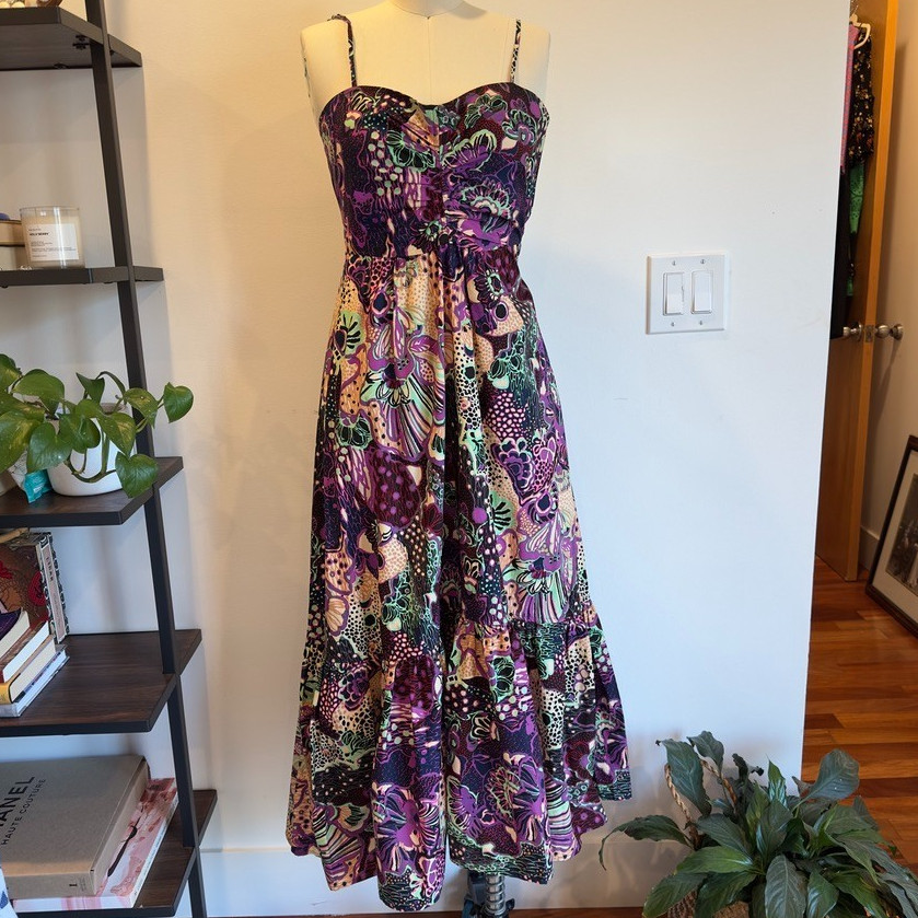ALC Lilah Printed Ruched Empire Midi Dress-Orchid Multi Floral-Sweetheart-Size 2