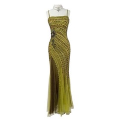 Silk Beaded Olive Green Evening Dress Maxi Mermaid Prom Gown Y2K
