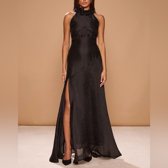 NWT Sonya Moda Noelle Gown Black Organza Silk Maxi Floral Neck Sz L