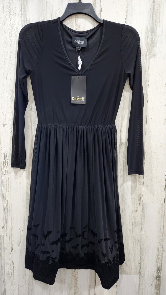 COLLECTIF LONDON Mavis Bat Mesh Border Long Mesh Sleeve Swing Dress Size SMALL**