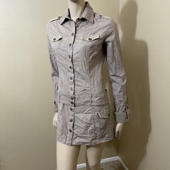 Women’s Beige Cotton Casual Collared Belted Lace Pickets Size S Button-up Dress