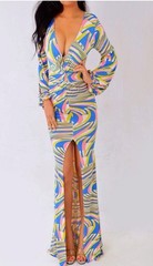 Pink Yellow Blue Long Sleeve V Neck Long Maxi Dress M Medium NEW