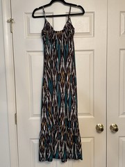 Weavers Tribal Ikat Print Spaghetti Strap Tiered Maxi Dress, Size Medium
