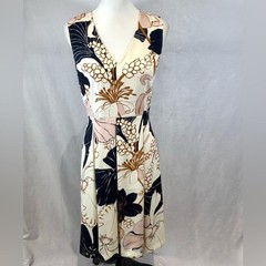 Ann Taylor white navy pink and copper blossom floral pleated flare dress size 4
