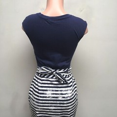 Little Yellow Button Blue Stripe Cap Sleeve Scoop Pleated Tie A-Line Dress XS