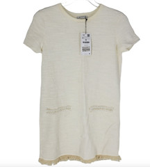 Fringe Tweed Shift Dress Short Sleeve Office Party Crew Neck medium