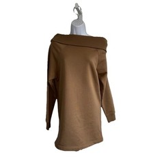 MARISSA WEBB So Relaxed Off The Shoulder Plush Sweatshirt Dress Light Mocha XS