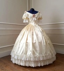 Off Shoulder Victorian Cream Satin Rose Bow Ball Gown Historical Wedding Dress