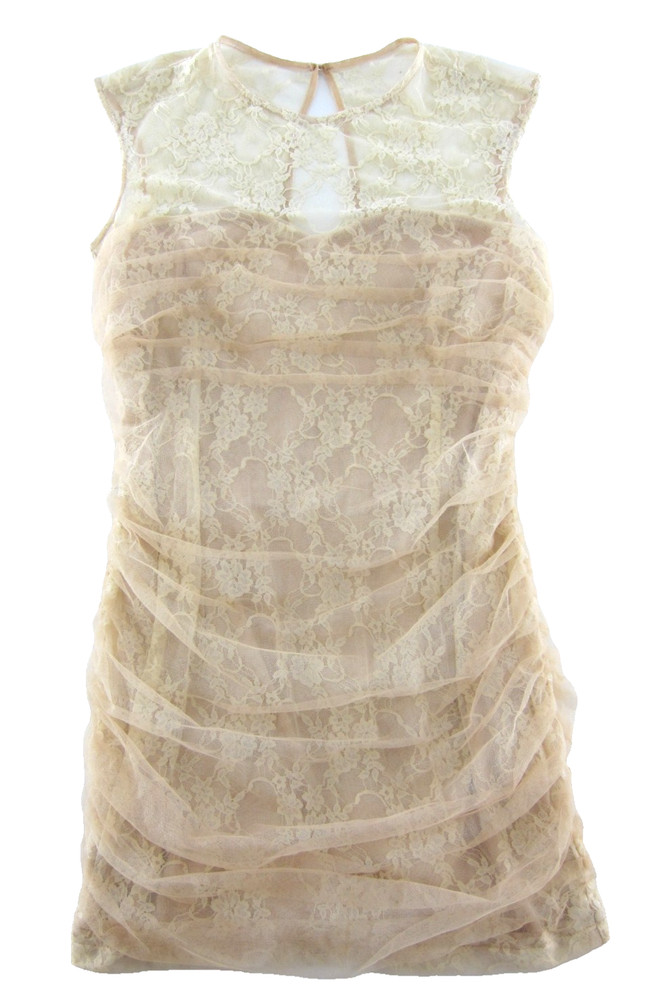 En Creme Nude Lace Illusion Ruched Sleeveless Mesh Cream Ivory Mini Dress Medium