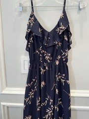 AQUA Bloomingdale’s Navy Blue Floral Ruffle Dress Pink Cherry Blossom XS