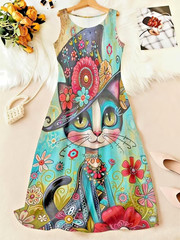 Plus Size – Turquoise Bohemian Work to Cocktail Dress – Cute Cat & Hat Midi ✨New
