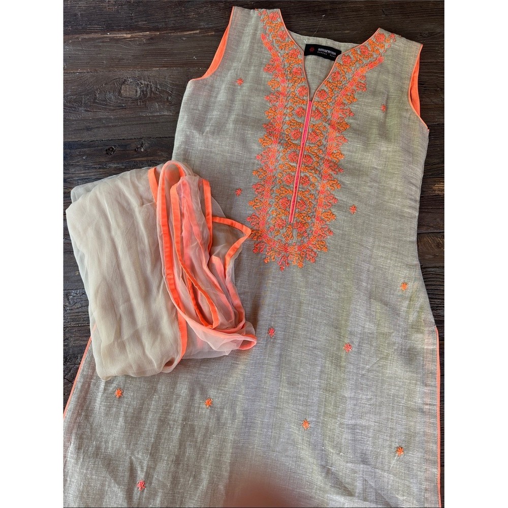 Amarsons Punjabi kurti 3 piece set linen embroidered dress neon orange & pink S