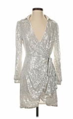 DOUBLE CRAZY Women’s L Dress Plunging Neck Gold Sequin Faux Wrap Party