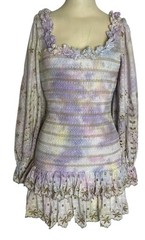 LoveShackFancy Celia Mini Dress Pastel Tie Dye Smocked Embroidered Ruffle Sz.S