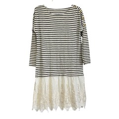Soft Surroundings Navy Striped Eyelet Lace Nautical Dress XS Cottagecore Coastal