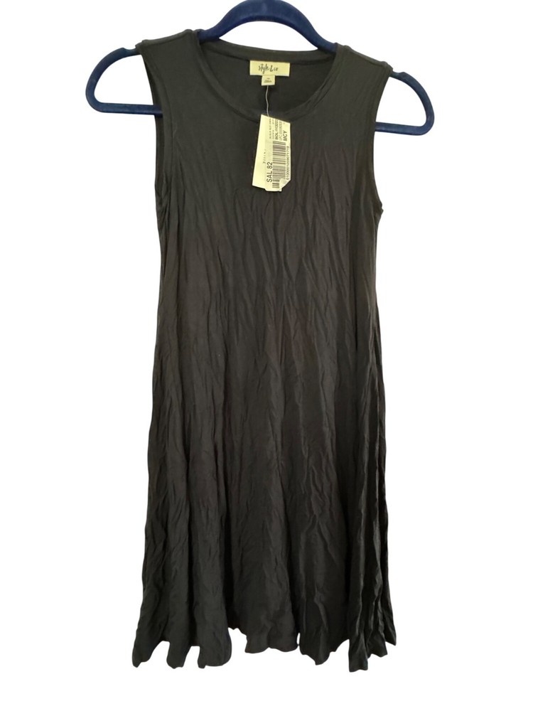 Style & Co Womens Sleeveless Crinkle Dress PP Black Rayon/Spandex Blend New With