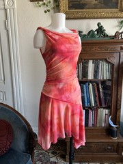 vtg Y2K Mesh Fairy Asymmetrical Pink & Orange midi Stretchy Casual Party Dress S