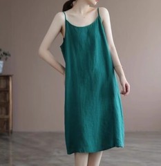 Cotton Line Blend Crweneck Women Loose Plain A Line Sleevless Summer Dress