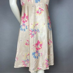 Vintage 1940s Floral Dress Zipper Front Housedress Short Puffed Sleeves Beige