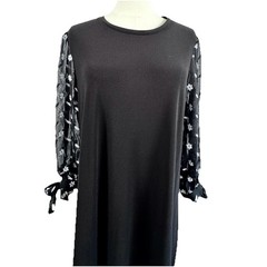 CeCe Dress Womens Large Black Sheer Floral Sleeve Ruffle Hem Shift Knee Length