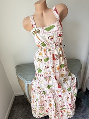 Tropical Patchwork Maxi Dress XL Tie Back Cutout Tiered Lined Resort Vacation