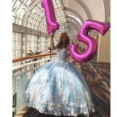 Sky Blue Off Shoulder Layered Pleated Ball Dress with Lace Decal Evening Gown