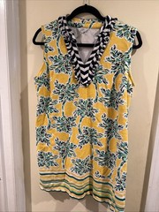 Crown & Ivy Women Yellow Green Palm Tree Fringe White Casual Dress L Vacation