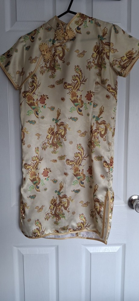 Traditional Chinese Qipao Dress Gold Satin Brocade Dragon Phoenix Size Small