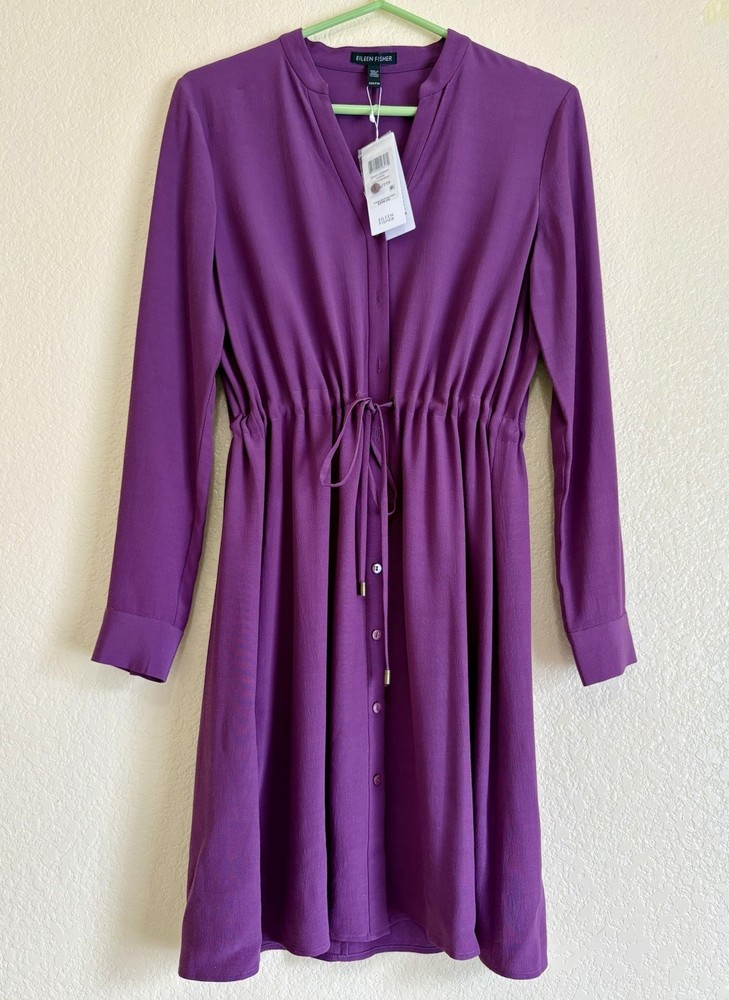 NWT EILEEN FISHER Drawstring Shirt Dress Size XXS Purple Long Sleeve