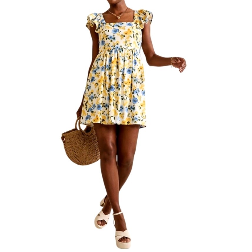 Francesca&rsquo;s Womens Medium White Yellow Blue Dora Lemon Print Bow Back Mini Dress