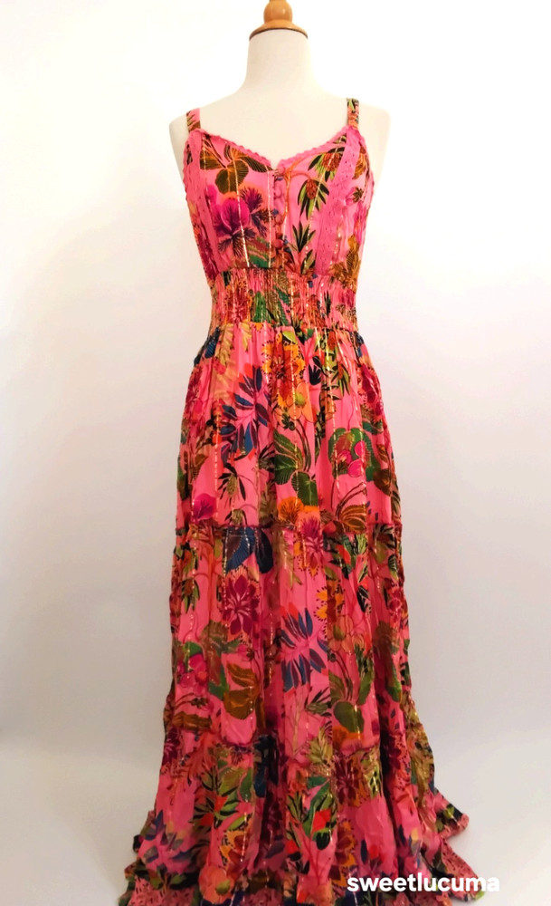 NWT Me 2 Magic Pink Tropical Floral Maxi Dress L Lurex Smocked Anthropologie