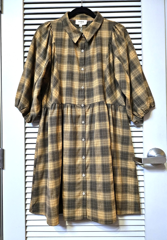 3/4 camel/black plaid button down collar dress 1XL