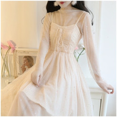 Womens Fairy Mesh Sheer Dress See Through Lace Up Lolita Elegant Apricot