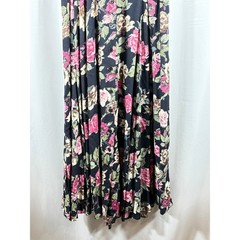 Starina Vintage 90s Floral Maxi Dress Black Pink Rose Button Front Rayon Large