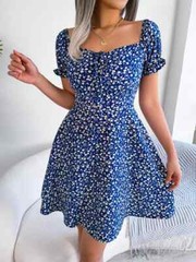 Spring Summer Square Collar Floral Ruffles Mini Dress Women Casual Flare Sleeves