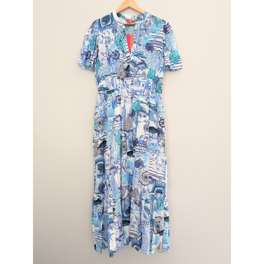 NWT Vilagallo Leila Shells Maxi Dress Blue White Short Sleeve Shift Dress 48 XL