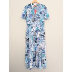 NWT Vilagallo Leila Shells Maxi Dress Blue White Short Sleeve Shift Dress 48 XL