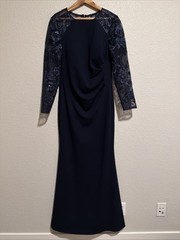 NEW ELIZA J Gown Scuba Crepe Navy Sequin Embroidered Lace Gathered Front Drape