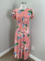 Capulet Womens Medium Georgie Linen Pink Floral Midi Dress Short Sleeve Pockets
