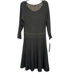 Nina Leonard Black Camel Dot Knit Fit Flare Midi Dress 3/4 Sleeve Size S