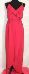 GB DRESS SIZE SMALL HOT PINK MAXI HI-LOW SPAGHETTI STRAP WRAP RUFFLE V-NECK