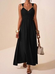 2026 Women&rsquo;s V Neck Sleeveless Maxi Dress Solid Color Beaded Summer Long Dress