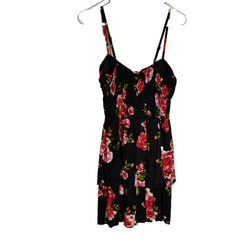 AUW Dress Junior&rsquo;s Medium Floral Spaghetti Straps Ruched Back Pad Cups Black Red